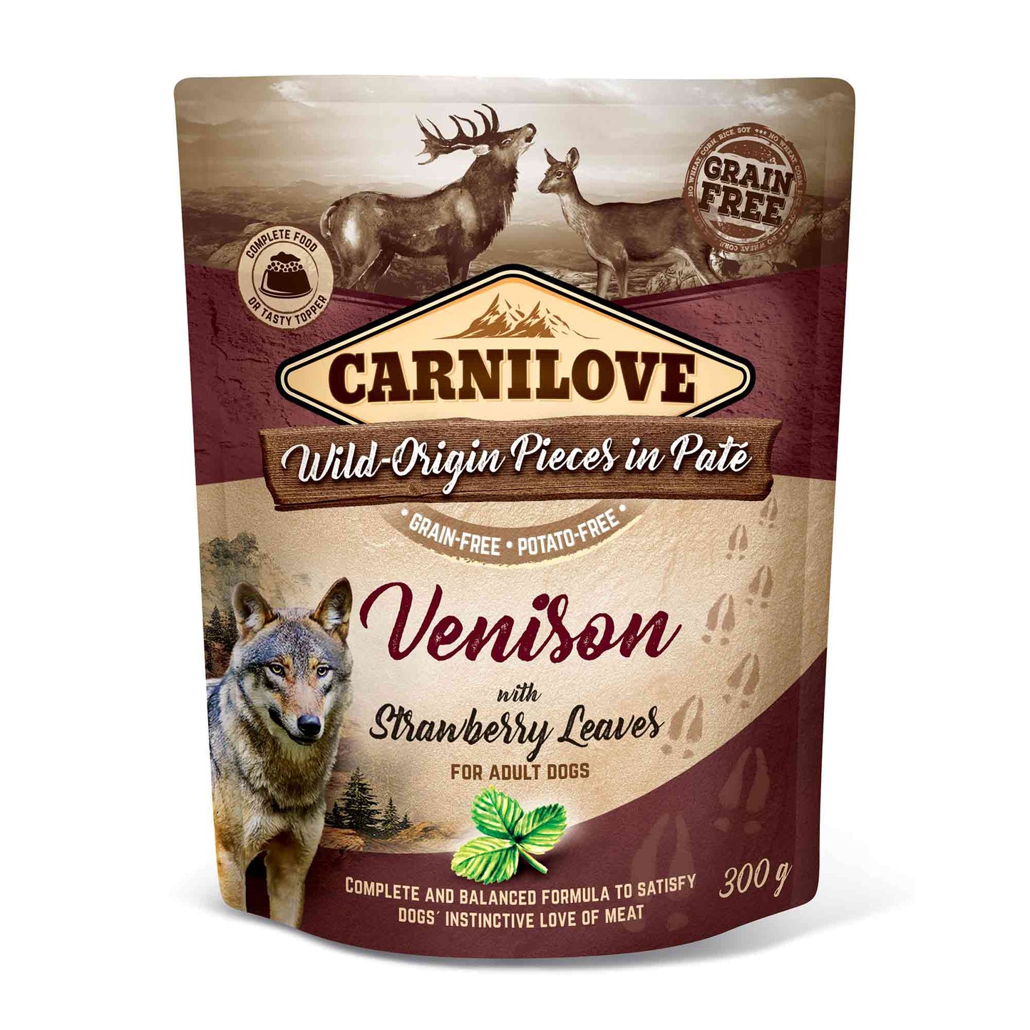 Carnilove Grain Free Adult Wet Dog Food - Venison with Strawberry Leaves - 12x300g Pouches