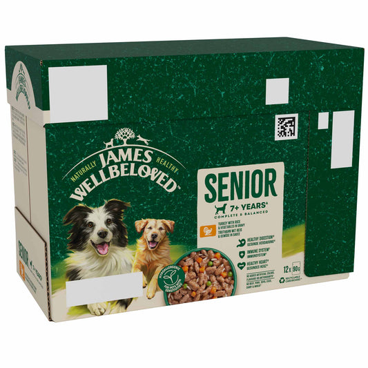 James Wellbeloved Senior Wet Dog Food in Gravy - Turkey & Rice - 12x90g Pouches